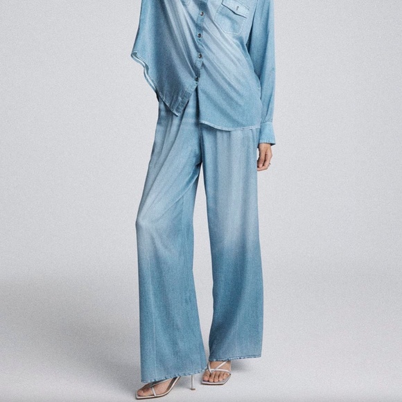 SPLENDID x Kate Young Silk Wide Leg Denim-Print Pant $368 NWT XS - Picture 2 of 6